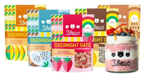 3Bears Overnight Oats Set, 5x400g vegane Porridgemischung mit Vollkorn-Haferflocken, Sorten Erdbeere, Mango, Koko Kakao, Eiskaffee und Bananen Split, vegan, ohne Zusatzstoffe & Industriezucker