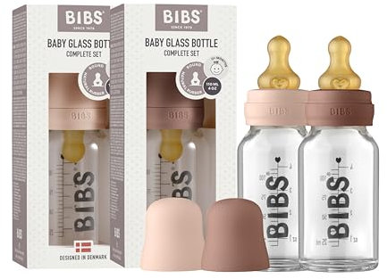 BIBS Baby Glass Bottle 2-Pack 110ml. Anti-Colic. Vented Round Natural Rubber Latex Teat. Supports Natural Breastfeeding, Complete Set - 110 ml (Pack of 2), Blush/Woodchuck