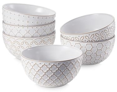 DOWAN 300ml Schüssel Set,Dessertschalen 6er Pack, Kleine Steinzeugschale mit Relief, Φ11.5cm Müslischale, Servierschalen Keramik für Eiscreme, Snacks, Reis, Früchte | Vintage Weiß