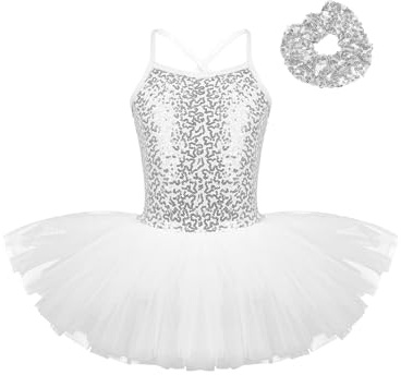 Oyolan Vestido de Danza Ballet Niña Princesa Vestido Tutu Lentejuelas Espalda Cruzada Traje Ropa de Baile Maillot Monos de Danza Clásica Traje de Bailarina Blanco G 11-12 años