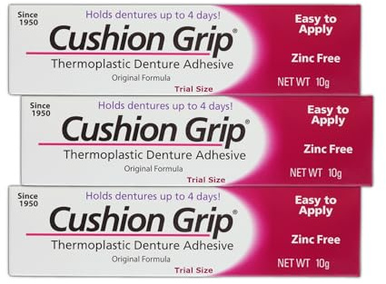 Cushion Grip Thermoplastic Denture Adhesive, 0.35 oz Travel Size (Pack of 3) – Refits and Tightens Loose Dentures for Up to 4 Days | Non-Glue, Zinc-Free, Waterproof Formula, Acts Like a Soft Reliner