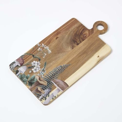 HOMESCAPES Serving Board Acacia Wood Charcuterie Platter Serving Meat Board, Delicate Mushroom Design, Fun Colour Palette, 100% Wood for Birthdays Celebrations Christmas Weddings