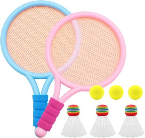 Aleker Kids Tennis Rackets,Badminton Rackets Set of 2 with 3 Tennis Balls and 3 Badmintons,Lightweight Pink Badminton Set for Kids,Tennis Set for Children Indoor Outdoor Sports Game