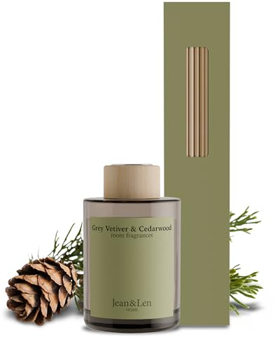 Jean & Len Scented Room Diffusor Grey Vetiver & Cedarwood, Raumduft mit Rattan-Stäbchen, sorgt 6 Wochen für ein angenehmes Dufterlebnis, sinnliche Duftkombination, vegan, 100 ml