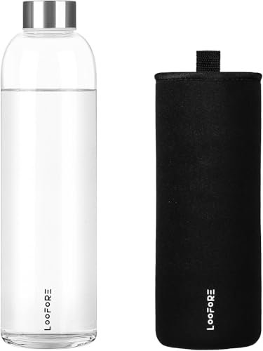 LOOFORE Glass Water Bottle 1L 1000ml, BPA-Free Leak Proof, 1 Litre Large Borosilicate Wide Mouth Glass Drinking Bottles with Protective Sleeves for Sports and Gym with Hot Cold Drinks