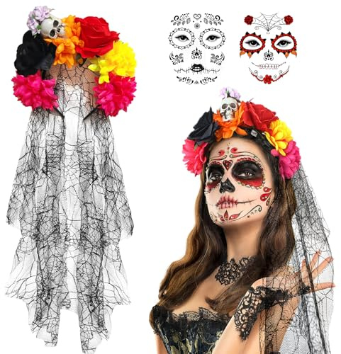VOPIWOZ Dia de Los Muertos Serre-Tête Avec Voile Noir, Serre-Tête Halloween Avec Crâne et Fleurs, Accessoire Gothique pour Cheveux, 2 Tatouages Faciaux, pour Halloween, Le Jour Des Morts, Carnaval