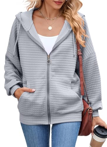 YINGKE Donna Zip Up Felpa con Cappuccio Maglietta Oversized Autunno Abiti di Moda Casual Waffle Cappuccio Giacche Cardigan(S,Grigio)