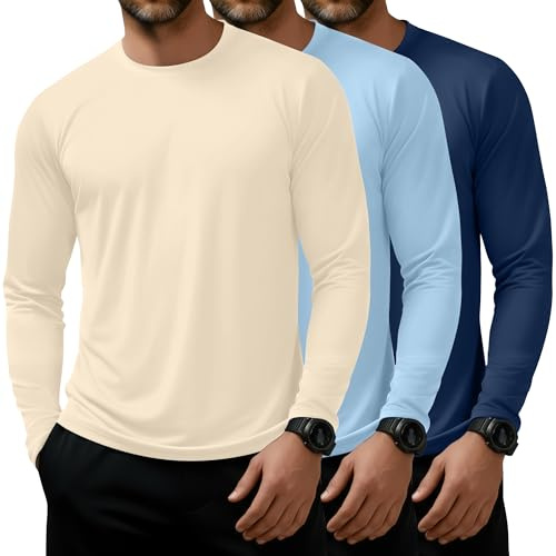 August Alley 3 Pack Men’s Quick Dry Rash Guard Swim Shirts UV Sun Protection Long Sleeve Fishing Running Hiking Basic T Shirt(Navy Blue, Sky Blue, Apricot,Large)