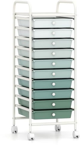 TANGZON 4/10 Drawers Storage Trolley, Rolling Utility Cart with Wheels, Multipurpose Mobile Shelving Organizer for Home Office Stationery Beauty & Salon (Gradient Green, 10 Drawers, 33x38x86cm)