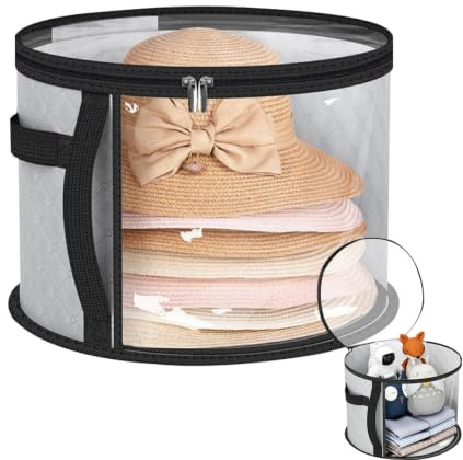 KASESSS Hat Storage Box with Lid, 42x26cm Hat Boxes, Hat Boxes with Lids | Foldable with Carrying Handle, Hat Storage Case with Clear Window for Cowboy Hats Sun Hats Fascinators Wardrobe Storage, Grey