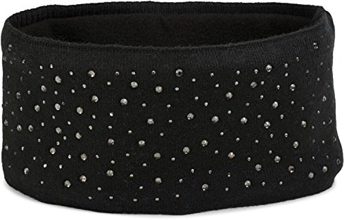 styleBREAKER Stirnband Damen Winter mit Strasssteinen und Fleece Innenfutter | warmes elastisches Feinstrick Haarband gefüttert | Glitzer Headband für kalte Tage, Farbe:Schwarz