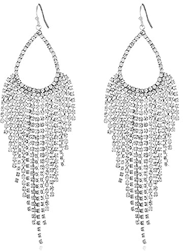 Luxuary CZ Fringe Drop Statement Earrings for Women Gold-Toned Cubic Zirconia Tassel Crystal Chain Dangle Hook Stud Earring Elegant Wedding Party Prom Jewelry (Silver)
