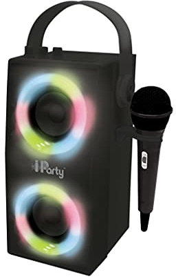 Lexibook iParty - Tragbarer Bluetooth-Lichtlautsprecher mit Mikrofon, Stereoanlage, Lichteffekten, Karaoke, Kabelloser, USB, SD-Karte, Akku, Schwars, BTP180BKZ