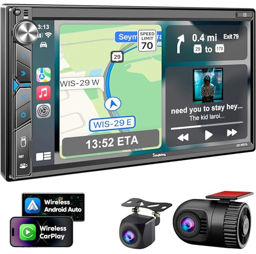 Double Din Car Stereo with Dash Cam - Voice Control Carplay, Android Auto, Steering Wheel Controls, 7 HD Touchscreen, Backup Camera, Bluetooth, Mirror Link, Subw, USB/TF/AUX, AM/FM Radio Receiver