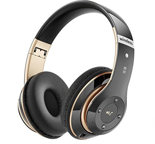 Lankey Sound 6S - Auriculares inalámbricos Bluetooth 5.3 con micrófono 6 modos EQ, micrófono integrado, micro SD/TF, auriculares Bluetooth para iPhone/Samsung/iPad/PC (oro negro)