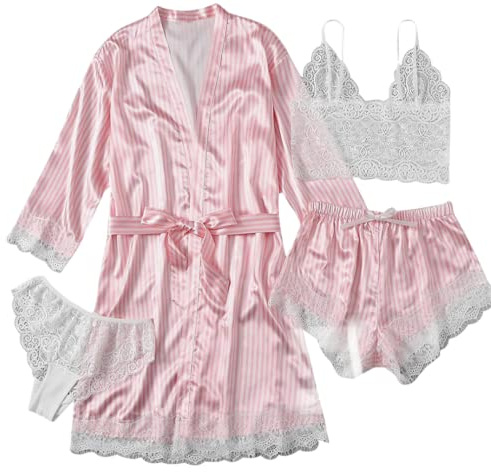 AudMsier Pijama De Satén De Cuatro Piezas para Mujer, Ropa Interior De Encaje, Bata Corta con Cinturón, Ropa De Seda
