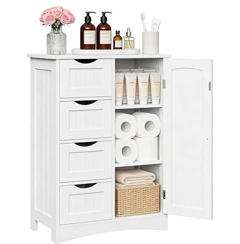ZenStyle Bathroom Floor Storage Cabinet, Freestanding Side Organizer Cabinet with 4 Drawers and 1 Cupboard, Entryway Storage Unit Storage Organizer for Bathroom, Living Room, White