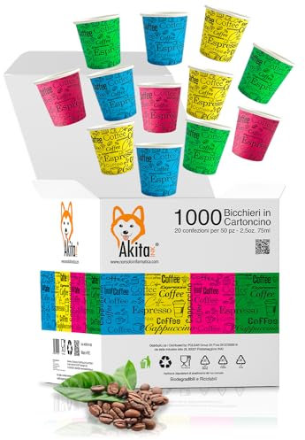AKITAInk 1000 Bicchierini caffè, Bicchieri Caffe di Carta Monouso Biodegradabili, Biocompostabili Tazzine da 75 ml Bicchierini da Caffè Usa e Getta Ecosostenibili