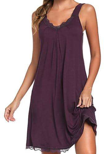Uniexcosm Nachthemd Damen Ärmelloses Kurz Baumwolle Nachtkleid Spitze V-Ausschnitt Nachtwäsche Sexy rutschfeste Schultergurte Freizeitkleid Sleepwear Dunkelfuchsia XL