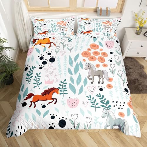 Erosebridal Kawaii Horse Bedding Set,Cartoon Horse Duvet Cover Queen,Cute Love Heart Leaf Floral Comforter Cover for Kids Girls Boys,Paw Print Farm Animal Bed Sets with 2 Pillow Cases