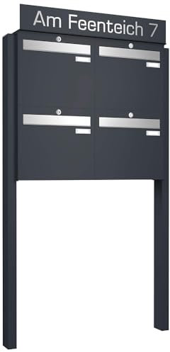 Frabox Briefkastenanlage 4fach Briefkasten freistehend XXL groß personalisiert Standbriefkasten RAL 7016 4 Parteien Postkasten anthrazit-grau Mehrfamilienhaus ohne Zeitungsfach Made in Germany LUIS