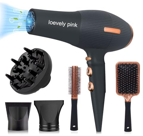 Föhn,Fön,Profi Haartrockner Ionen mit AC Motor,loevely pink 2400W Föhn mit Diffusor, Heiß-/Kalttaste|3 Heiz&2 Geschwindigkeitsstufen,Salon Haartrockner ideal für Zuhause und Salon