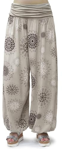 Glamexx24 Haremsbyxor för kvinnor, lätta pumpbyxor, Aladinbyxor, sarouelbyxor, yogabyxor, pluderbyxor, fritidsbyxor, sommarbyxor, Taupe med cirkelmönster, XL-3XL