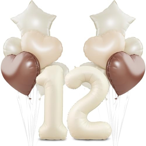Beige Luftballon 12.Geburtstag,Cremeweiß 12. Geburtstag Ballon Deko,XXL 40 Zoll luftballon 12.，Beige Aprikose Braun Herz Stern Folienballons，für 12 Jahre Geburtstagsdeko Jubiläum Party Dekoration