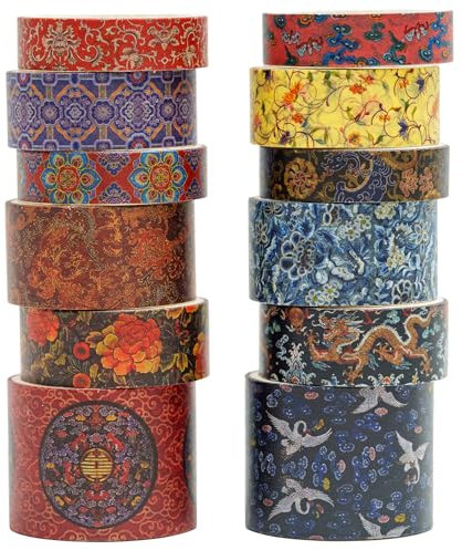 Songdao 12 Rollen Chinesischer Stil Washi Tape Set Dekorative Antik Masking Tapes Klebeband Bunt für Kunst, DIY Handwerk, Tagebuch, Planer, Scrapbook, Verpackung (Drifting on Azure Waves)