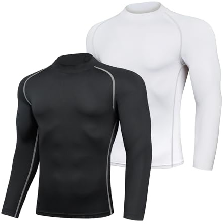 AMZSPORT Maglia Compressione Uomo Confezione da 2 Maglia Termica Manica Lunga Maglietta Palestra Compression Shirt Ciclismo Running Sportiva, Nero Bianco XL
