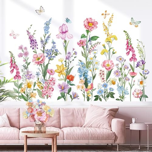 wondever Wandtattoo Garten Blumen Iris Wandaufkleber Wildblume Pflanzen Schmetterlinge Wandsticker Wanddeko für Wohnzimmer Schlafzimmer Sofa Hintergrund