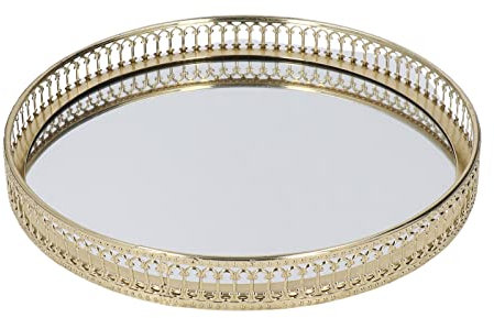 Bandeja de Espejo, Bandeja de tocador Mental con Espejo, Bandeja de Perfume Redonda Dorada para Dormitorio, baño, decoración del hogar