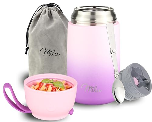 Milu® Thermo Food Flask 800ml - Stainless Steel Insulated Container - Lunchbox - Jar with Spoon for hot and Cold Food (Pink Violet, 800ml)