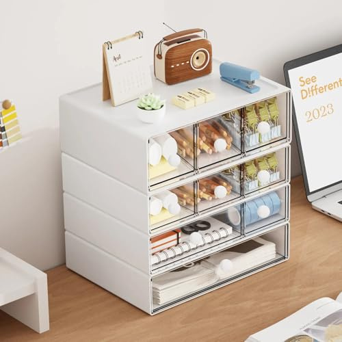 Storystore Desk Organizer with 9 Drawers, 4 Tier Plastic stackable Storage Drawers, Desk Organiser Drawers Stationery Storage Box for School Office Home Makeup Desk Supplies (White)