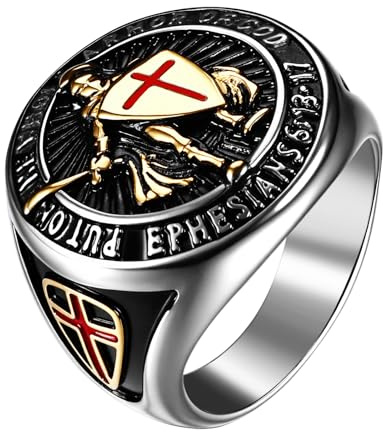 Flongo St. Michael Erängelring för män: Korsskylt rostfritt stål skyddsskylt ring katolsk sigillring amulett med medaljong religiöst smycke present till kristna, Rostfritt stål