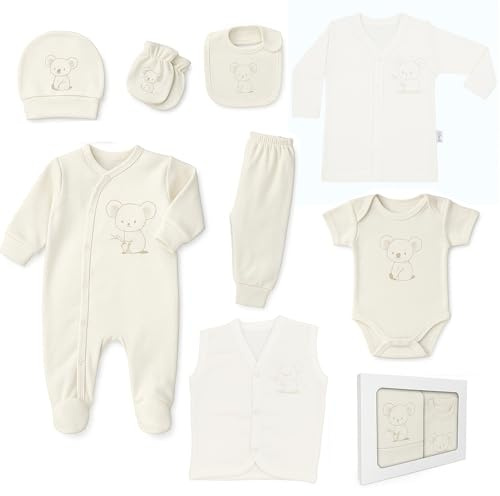 Blue Eyes Presentset för nyfödd baby, 100 % naturlig bomull, första kläderna, unisex, för spädbarn på 0–4 månader, 8 delar, koala