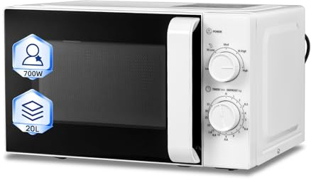 Techomey 700W Microwave with Manual Control,Small Microwave Oven with 5 Power Levels, 20L Capacity Countertop White Microwave Oven, Easy to Clean