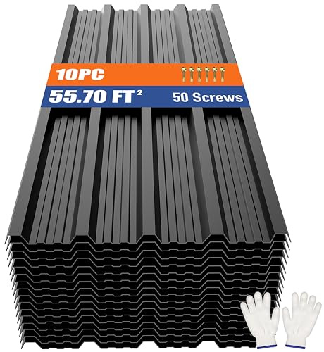 Brakki Metal Roofing Panels 10pcs 55.7 ft², 45.28L Black Corrugated Galvanized Steel Roof Panels with Screw, Heavy Duty Metal Siding Suitable for Garages Chicken Coop Sheds Stables Patio