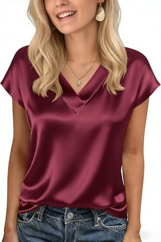 Xiaoliny Blusa de Satén Mujer Elegantes Camiseta de Manga Corta con Cuello en V Verano Casual Camisa Básica T-Shirts Liso Holgada Top Colores Sólidos Fluida Blusas para Salir Oficina Fiesta Diario