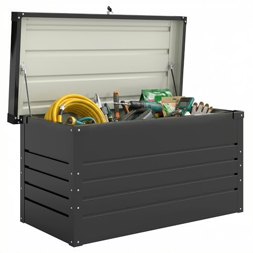 Outsunny - Caja de almacenamiento de metal (450 L, acero galvanizado, resistente al agua, con doble cilindros de gas, baúl de almacenamiento bloqueable para cojines, herramientas y terraza, color gris