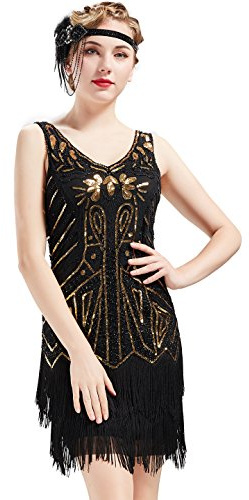 BABEYOND 1920 Flapper Robe Femme V Cou Robe Perlée Gatsby sans Manche Robe Frangée avec Paillette 1920 Party Fête Bal Soirée Art Déco - Noir Doré 1 - L (UK 16/EU 44)