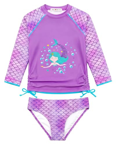 weVSwe Girls Rash Guard Swimsuit Rare Hem Cuffs Bathing Suit UPF 50+ Protection, Purple Mermaid, 5-6 Years