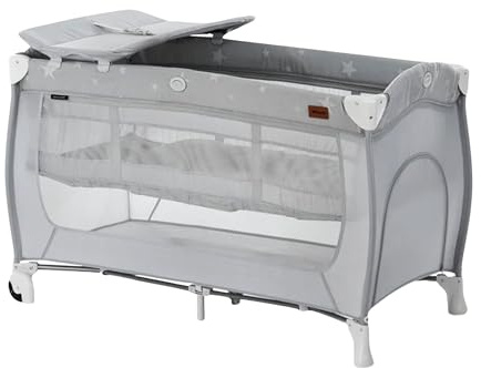hauck Sleep N Play Center Portable Baby Travel Cot with Bassinet, Changing Table & Playpen, Foldable Crib for Infants & Toddlers, Stars Grey