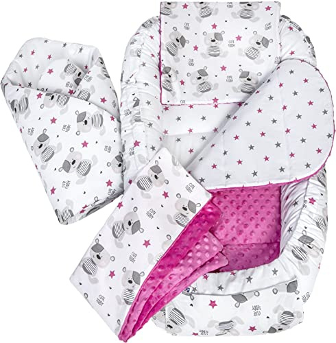 Medi Partners Babynest Nestchen Baby Set für Neugeborene - 100x60x15 Kuschelnest 5 teilig tragbar Nest zweiseitig Babynestchen Bett 100% Baumwolle (Teddybär mit dunkelrosa Minky)