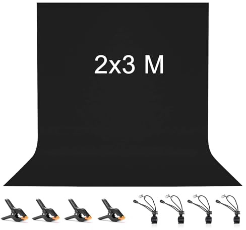 2X3M Fond Noir, Toile de Fond avec 8 Clips Anti-Plis, 100% Polyester
