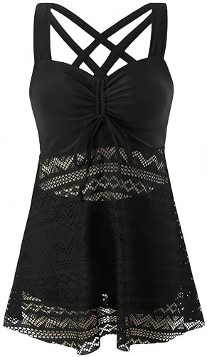 Ocean Plus Femmes Elagant Tankini Top Dentelle Maillot de Bain Deux Pièces sans Dos à Enlever en Couleur Unie avec Coussinet de Poitrine sans Support en Acier (L (EU 38-40), Noir)