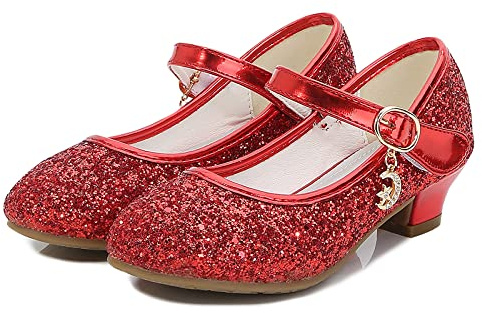 KUWIBY Girls Princess High Heel Sandals,Bowknot Sequin Dress Shoes Red
