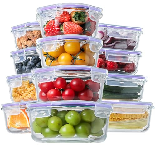 HOMBERKING Frischhaltedosen aus Glas mit Deckel, luftdichte Bento-Boxen, BPA-frei und auslaufsicher, Vorratsbehälter für Speisekammer, Küche (12 Deckel und 12 Behälter), Violett, 24 Stück