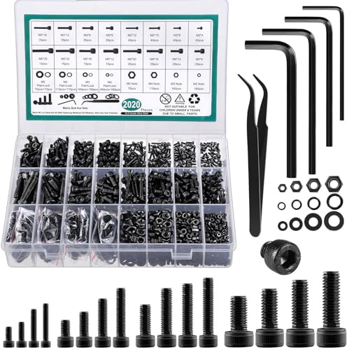2024 Pcs Metric Screw Assortment, Bolts and Nuts Assortment Metric Machine Screw Assortment M2 M3 M4 M5, 12.9 Alloy Steel Black Zinc Plated Hex Socket Head Screws Nuts Bolts and Washers Set
