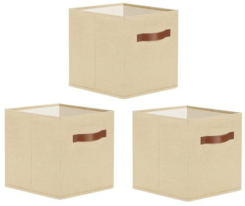 Cinnani Aufbewahrungsbox Stoff 3er Set, 30x30x30 cm Boxen Aufbewahrung, Aufbewahrungskorb Beige, Faltboxen, Organizer Box, Regalkörbe, Aufbewahrungswürfel für Kallax Regal Boxen und Schrank